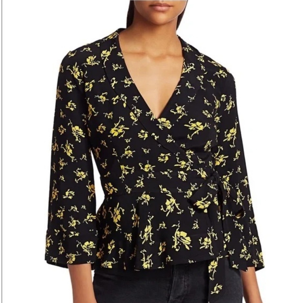 Ganni Peplum Floral Wrap Top - Black with Yellow Floral Print